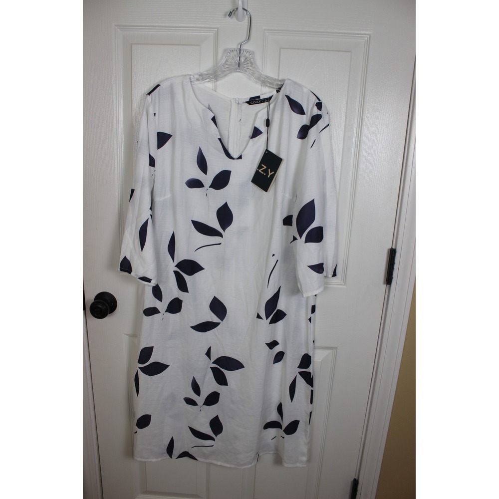 C.O.Z.Y White Navy Blue Leaf Print Bamboo Blend Shift Dress Size‎ 8 NEW